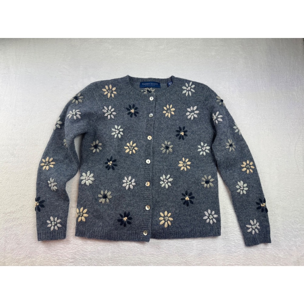 Karen Scott Petites Small Vintage 100% Wool Floral Cardigan Sweater cottage